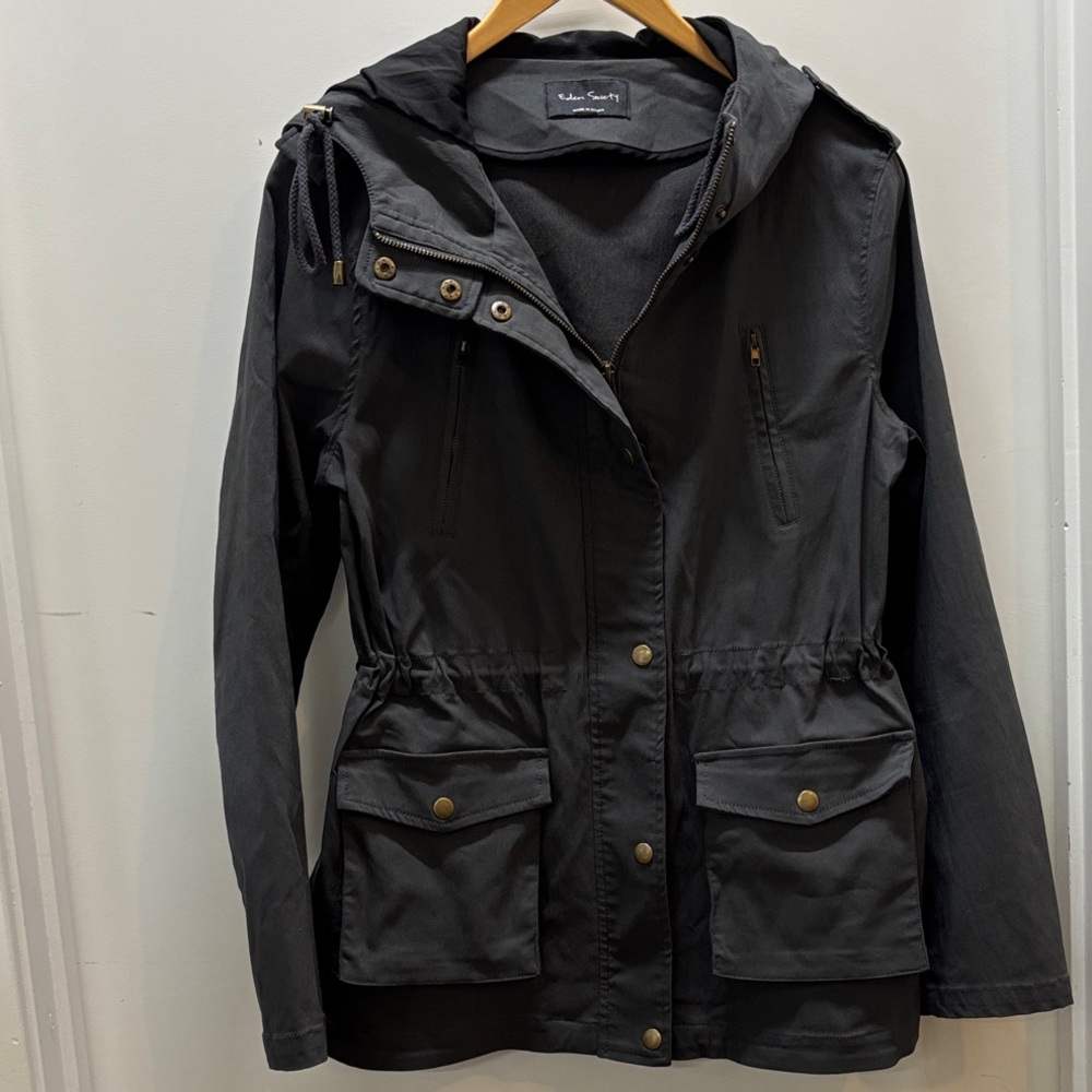 Dark Gray Hooded Utility Jacket with Drawstring Waist - Unbranded
